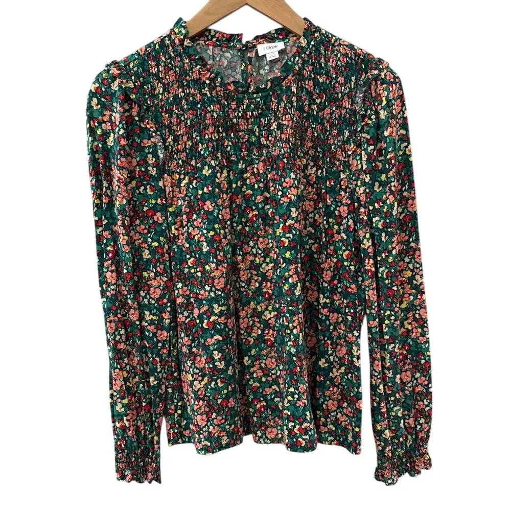 J. Crew Smocked Ruffleneck Top Old Forest‎ Coral Size XS